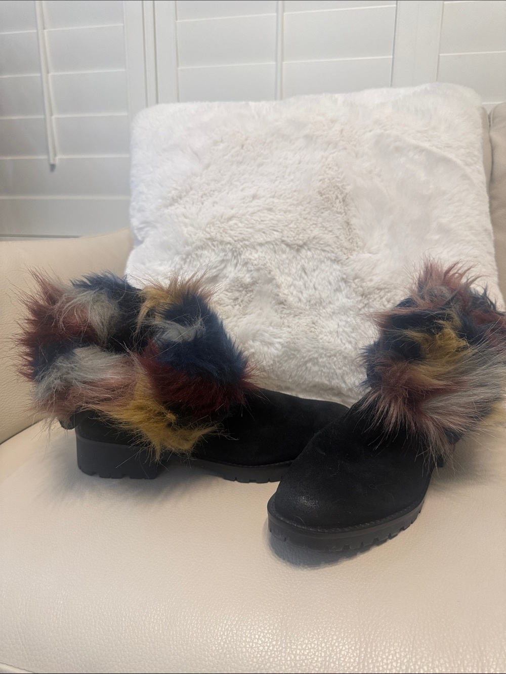 Sam Edelman Black Ankle Boots with Multicolor Faux-Fur Cuff